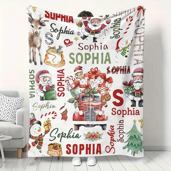 Personalized Christmas Santa Reindeer Custom Name Blanket