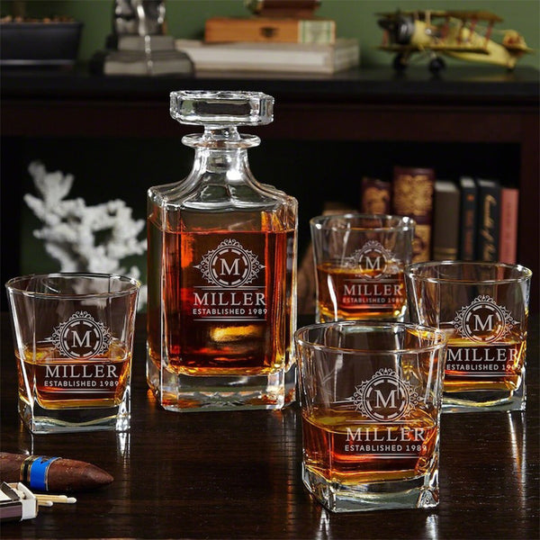Engraved Bourbon Decanter Set with Bourbon Glasses - Bourbon Decanter