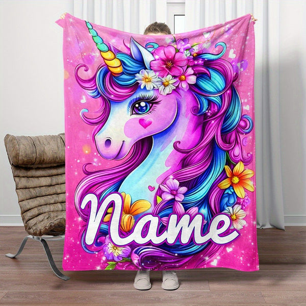 Personalized Name Lovely Dazzling Flower Unicorn Print Portable Blanket