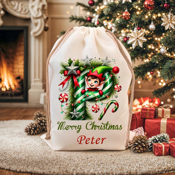Custom Name Elf & Candy Cane Alphabet Christmas Gift Bag
