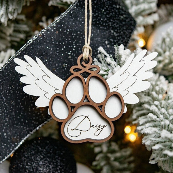 Angel Wings Dog Paw Memorial Pendant - 3D Carved Paw Print with Name