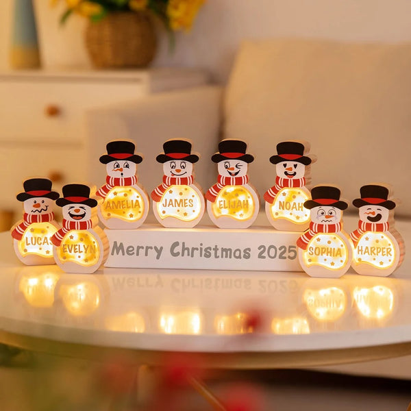 Custom Family Christmas Decoration, Personalized Snowman Figurine Set with LED Lights