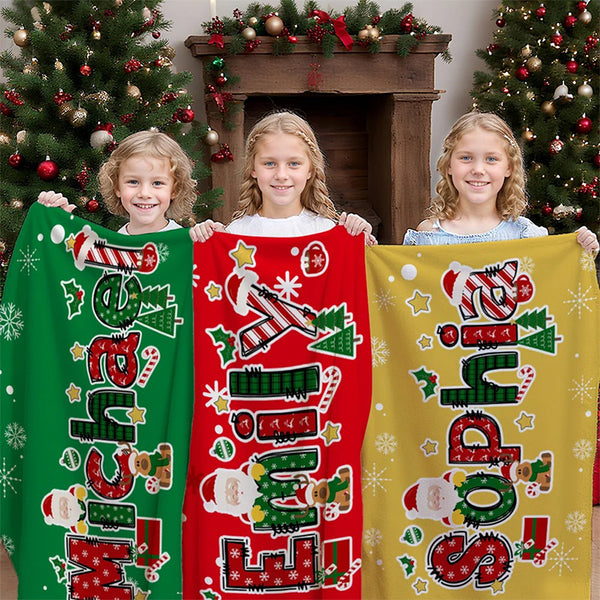 Personalized Christmas Reindeer Santa Claus Name Blanket
