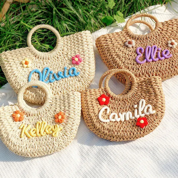 Custom Straw Beach Bag, Bridesmaid Beach Bag Flower Girl Basket