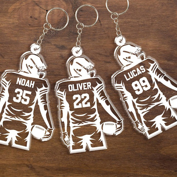Custom Football Keychain, Football Player Key Chain with Name and Jerrsey Number