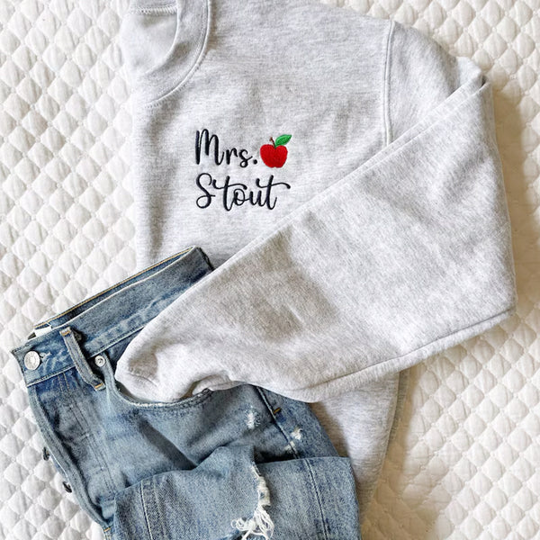 Personalized Teacher Crewneck Sweatshirt | Teacher Name and Apple Zip Popover