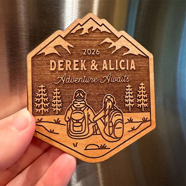 Personalized Hiking Couple Wood Magnet, National Park Couples Gift