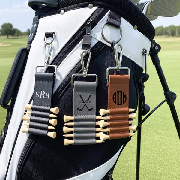Engraved Leather Golf Bag Tag, Personalized Golf Tee Holder