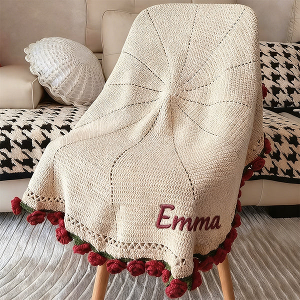 Personalized Crochet Rose Bouquet Blanket: Embroidered Name, Cotton Throw