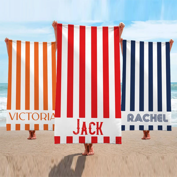 Striped Personalized Name Beach Towels, Custom Name Beach Towel