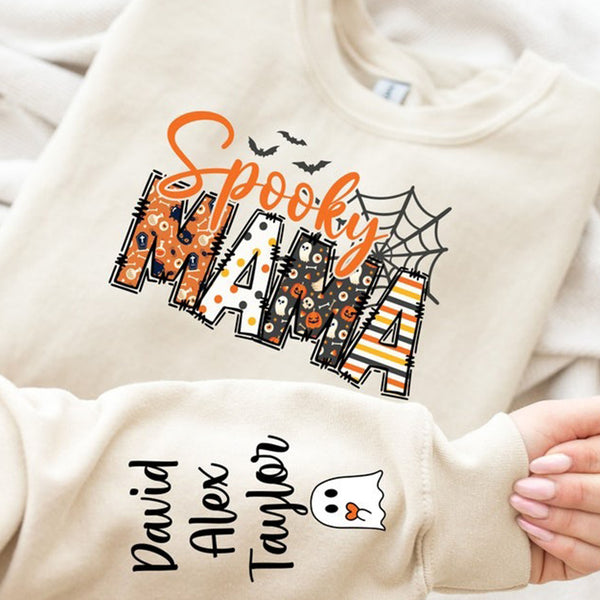 Custom Halloween Spooky Mama Sweatshirt with Kids Name on Sleeve Sweatshirt