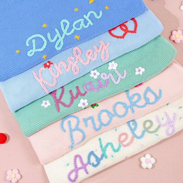Personalized Hand-Embroidered Knit Baby Blanket