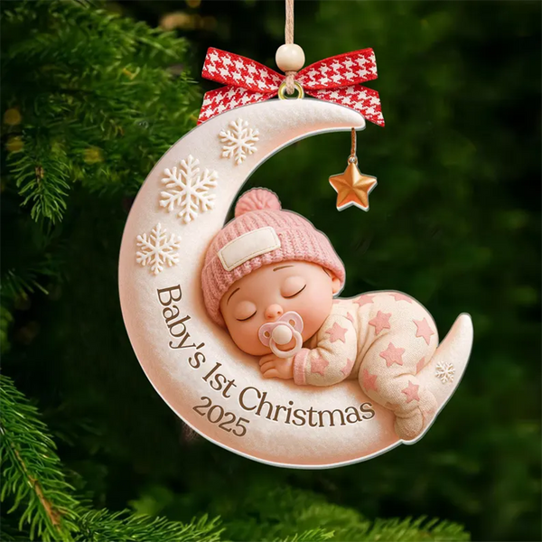 Custom Baby First Christmas Ornament, Moon Sleeping Design