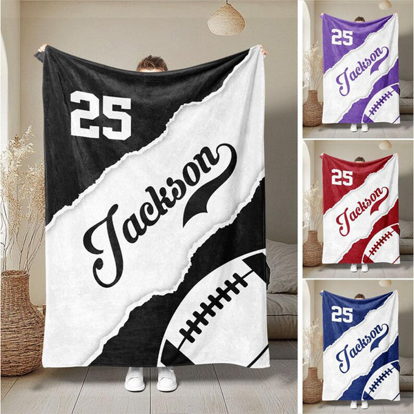 Personalized Football Blanket, Custom Name Number Sport Gift for Dad, Son, Boy, Kid, Team