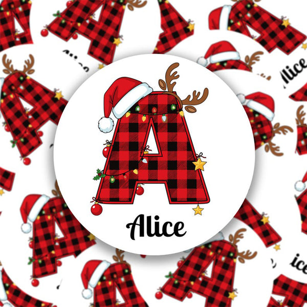 Custom Name Holiday Stickers: Plaid Initial Christmas Labels