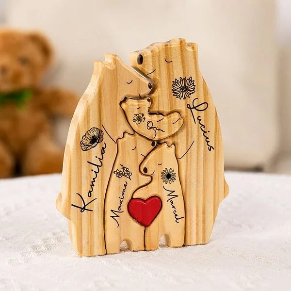 Personalized Red Heart Birth Flower Wooden Hug Bear Family Puzzle