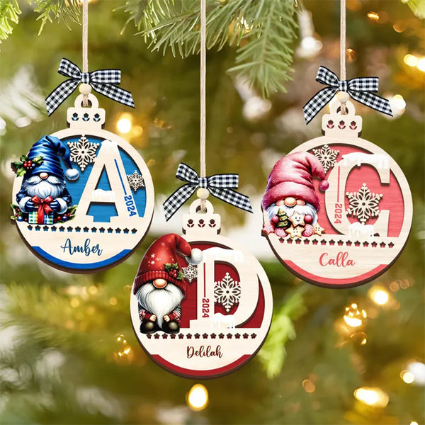 Personalized Gnomes Christmas Ornament, Wooden custom name tags