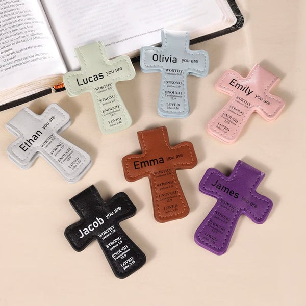 Custom Name Bible Verses Cross Shaped Leather Magnetic Christian Bookmark Clip