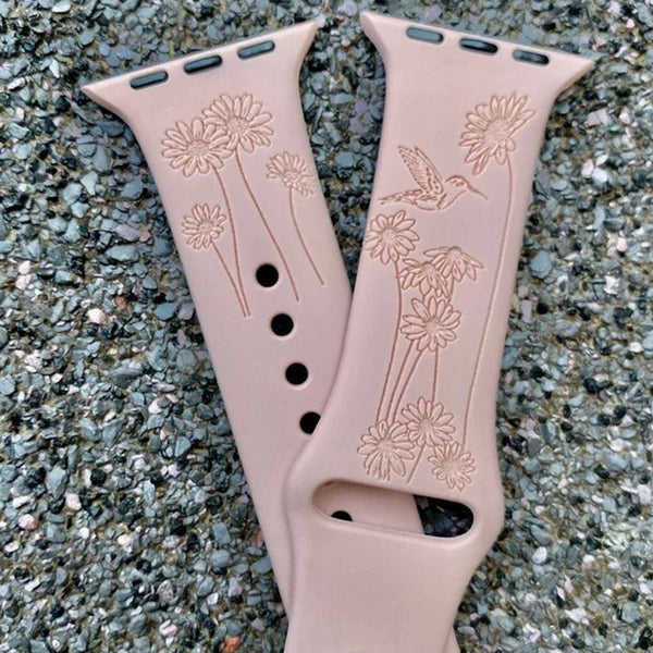 Hummingbird Design, Flower Watchband, Floral Engraved Band, Hummingbirds Band