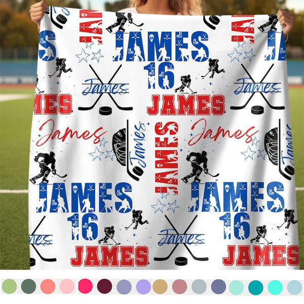 Ice Hockey Boy Personalized Blanket, Custom Name Hockey Throw