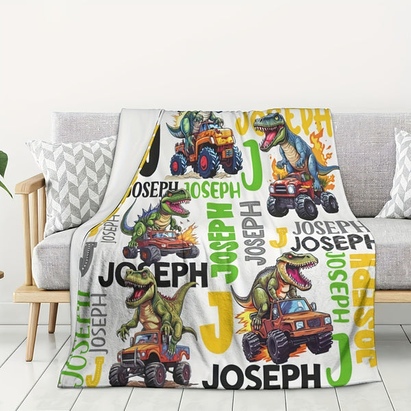 Personalized Dinosaur Truck Flannel Throw Blanket