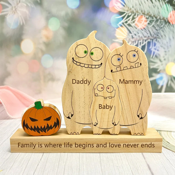 Halloween Cute Ghosts Family Puzzle Wooden Decor,Custom Name Wooden Ghost With Pumpkin