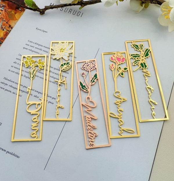 Custom Birth Flower Name Bookmark, Colorful Birthday Flower Stainless Steel Bookmarks