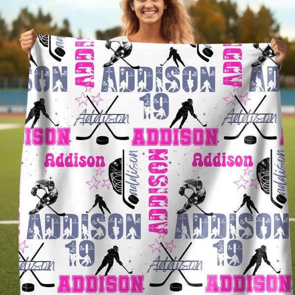 Ice Hockey Girl Personalized Blanket, Custom Name Hockey Throw