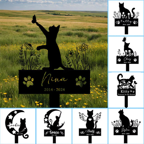 Personalized Metal Cat Stake, Cat Memorial Stake with Flowers