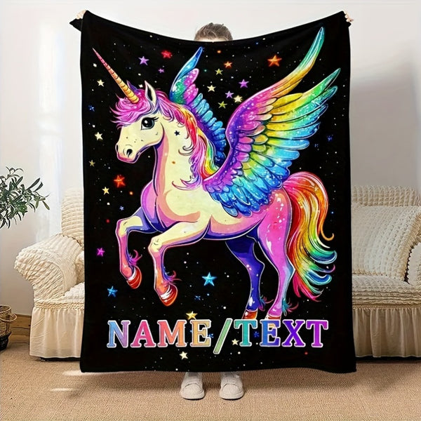 Creative Cartoon Colorful Unicorn Pattern Text Custom Flannel Print Blanket
