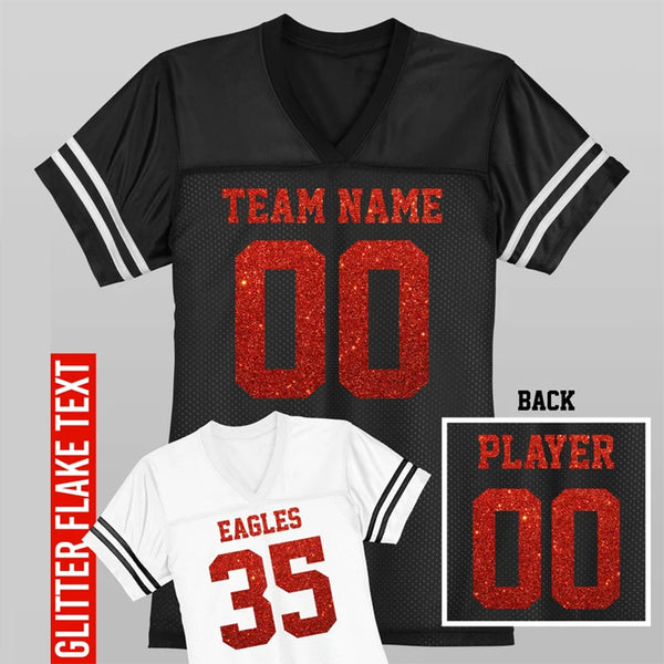 Custom Football Jersey / Red Glitter Flake Text