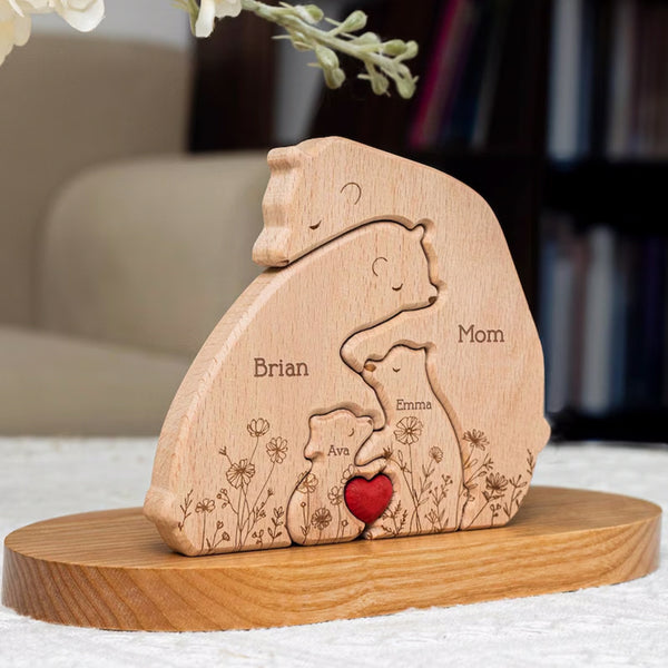 Hugging Bear Family Floral Version, Personalized Wooden Bear Family Puzzle