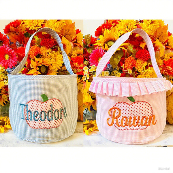Halloween Bucket Pink/Blue Gingham w/Pumpkin Personalized | Halloween Basket