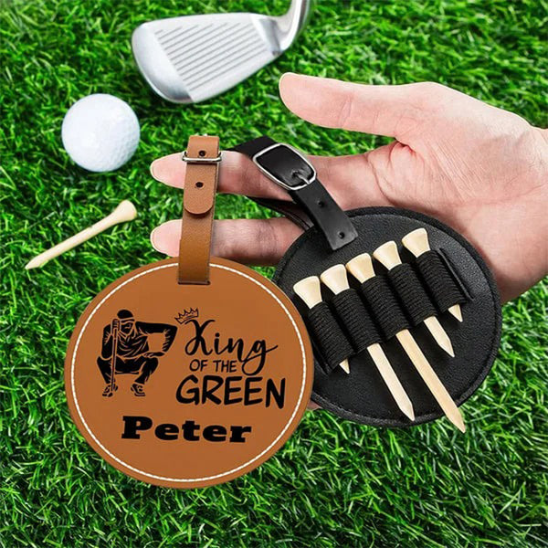 Personalized Green King Queen Golf Player Silhouette Adjustable Leather Golf Tee Holder Bag