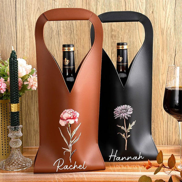Personalized Birth Flower Leather Wine Bag with Name and Handle Protective Wine Accessories
