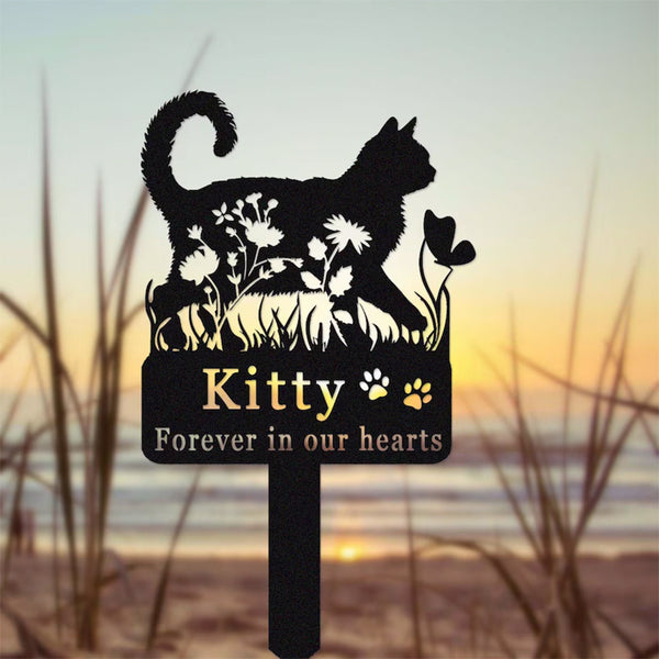 Custom Cat Memorial Stake,Cat Grave Marker,Metal Cat Garden Stake with Flowers