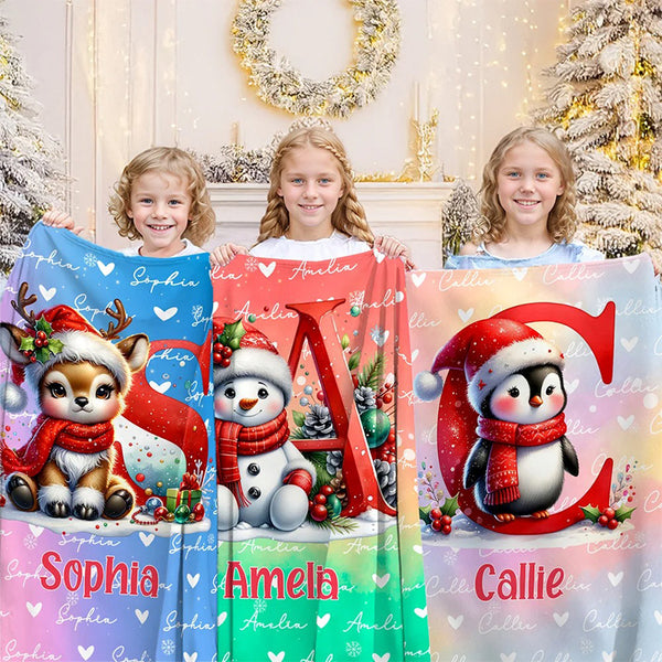 Personalized Santa Hat Snowman Penguin Initial Word Cloud Blanket