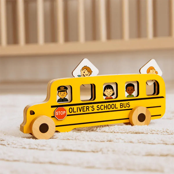 Toy Yellow School Bus with Name. Personalized Wooden Bus