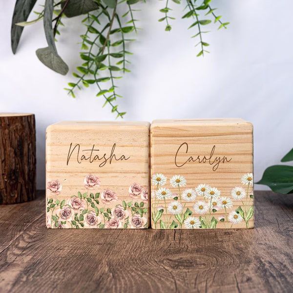 Personalized Birth Flower Piggy Bank Birthday Gift Wooden Money Box with Name