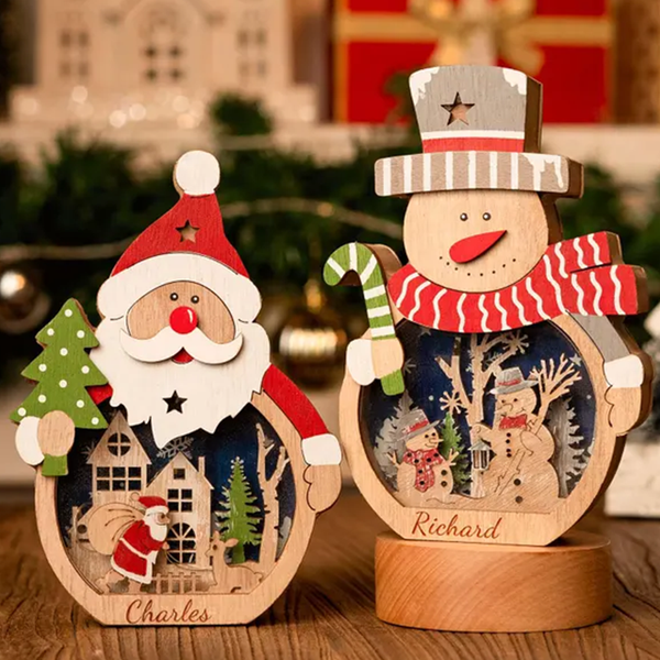 Personalized Christmas Lamp for Kids,Wooden Snowman/Santa Lantern