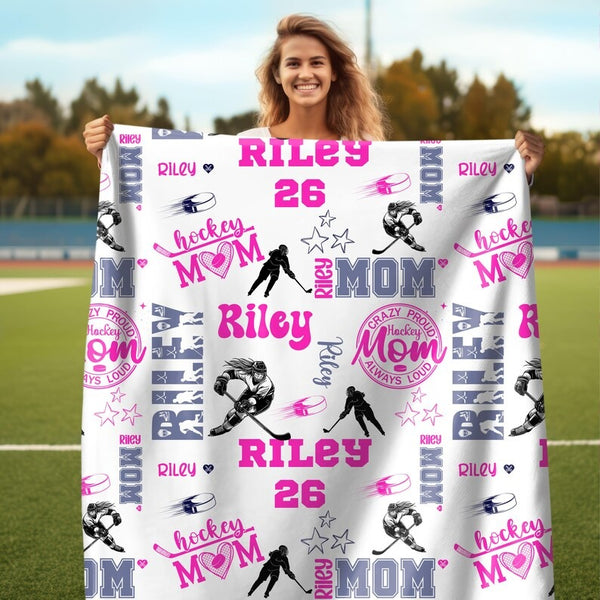 Personalized Proud Mom Ice Hockey Girl Blanket, Hockey Mom Soft Throw