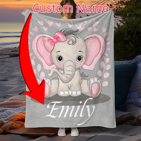 Custom Name Personalized Elephant Flannel Throw Blanket