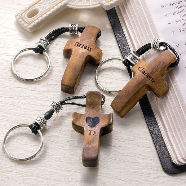 Personalized Wooden Cross Heart Keychain