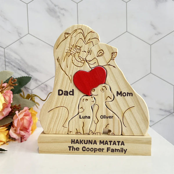 Custom Wooden Lion Family Puzzle-Engraved Family Name Puzzle