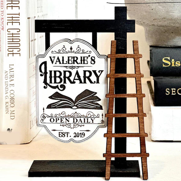 Personalized Library Sign, Mini wooden Signpost with ladder Library Decor