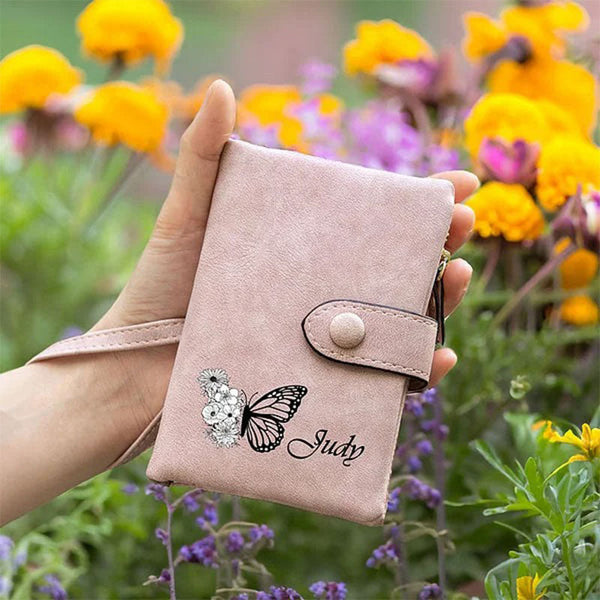 Personalized Tri-Fold Butterfly Leather Wallet with Coin Holder Birthday Gift for Woman