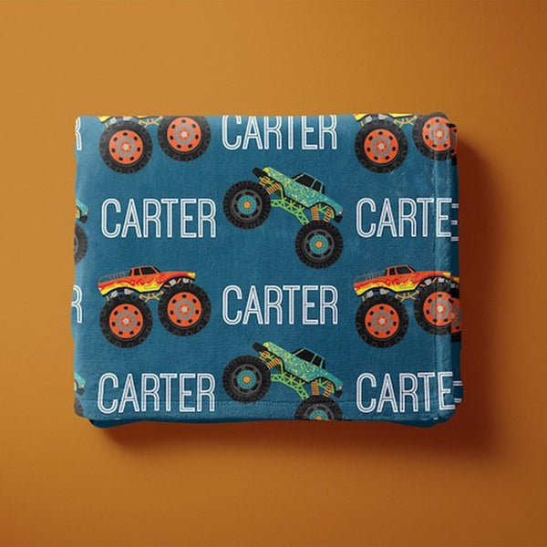 Monster Truck Name Blanket, Personalized Monster Truck Blanket, Name Blanket for Boy, Baby Boy Gift