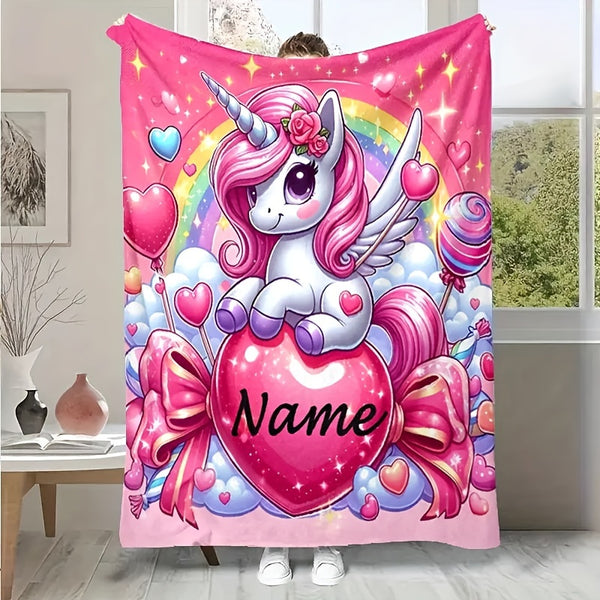 Customized Name 1pc Rainbow Clouds and Fantasy Creature Print Flannel Throw Blanket