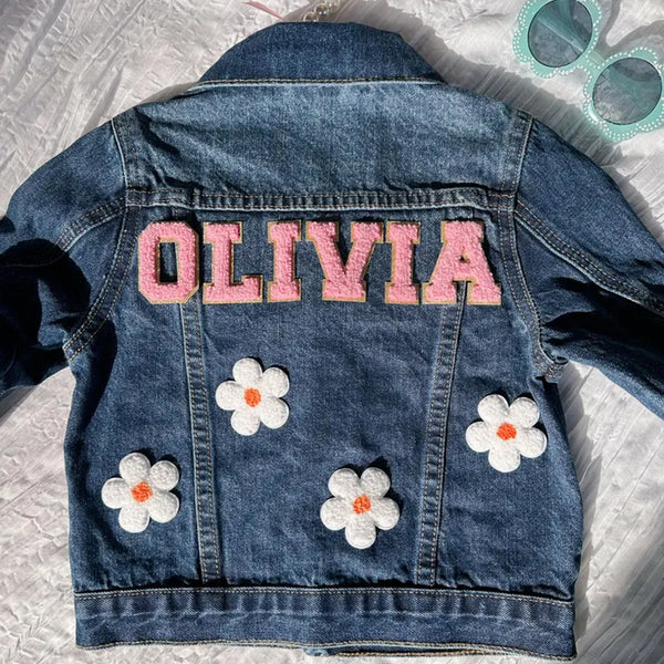 Personalized jean jacket with daisy, Kids jean jacket
