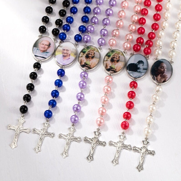 Personalized Multi-Color Rosary Beads Cross Necklace with Photo